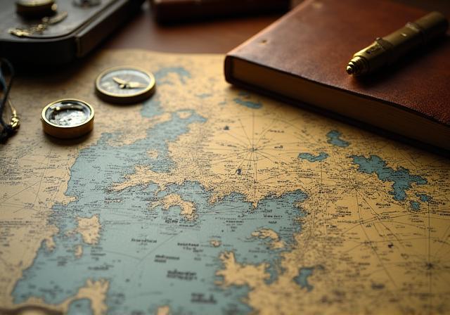 Mapas náuticos antiguos y compás de latón